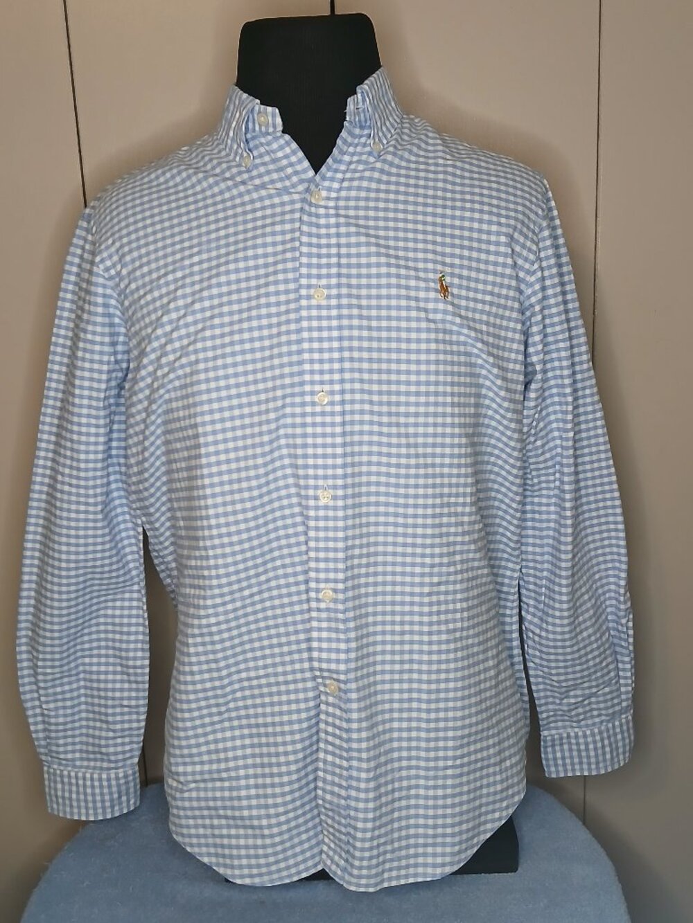 Ralph Lauren Men's Large Blue White Gingham Long Sleeve Shirt (1159J3)